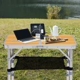 HAOYYE Wooden Pattern with 3 Adjustable Heights Outdoor Folding Camping Table, Portable Aluminum Foldable Patio Side Table, Lightweight and Durable Design with Carry Handle for Hiking, Picnic, BBQ, Beach, Indoor or Outdoor Use